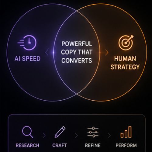 Diagram showing AI speed plus human strategy producing powerful copy that converts, above a research, craft, refine, perform workflow