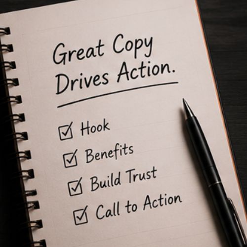 Notebook headed Great Copy Drives Action with a checklist: Hook, Benefits, Build Trust, Call to Action