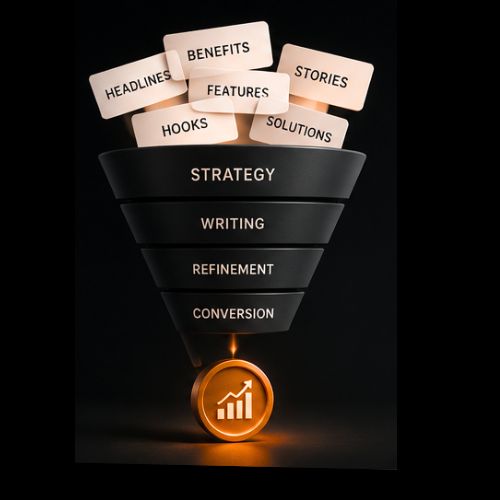 Copywriting conversion funnel feeding headlines, hooks, and benefits through strategy, writing, refinement, and conversion